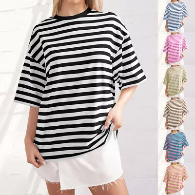 Buy Ladies Striped Shirt Half Sleeve Dropped Shoulder Casual Loose Crew Neck Tops • 10.89£