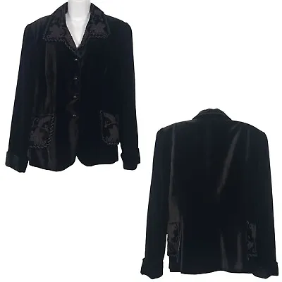 Buy VTG Zelda Womens Velvet Silk Blend Embroidered Detail Blazer Jacket Black Sz 12 • 85.44£