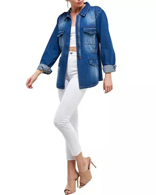 Buy Women's Half Zipper Lightweight Cotton Distressed Oversize Denim Jean Jacket • 35.39£