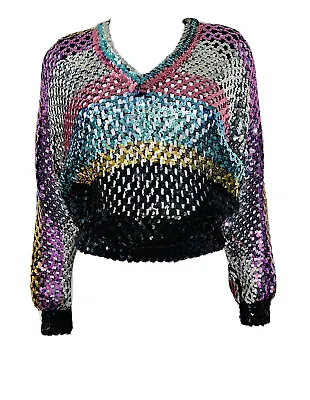 Buy Vtg 80’s Disco Pastel Sequin Stripe Dolman Slv Smock Blouson Sweater Size 4 EUC • 80.86£