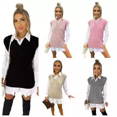 Buy Unisex Ladies Cable Knit Sleeveless Vest Knitted Jumper Tank Top Winter Sweaters • 9.99£