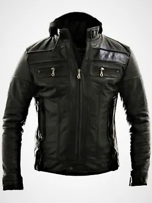 Buy Men's Biker Motorcycle Jacket Black Genuine Leather Jacket Detach Hood • 59.99£