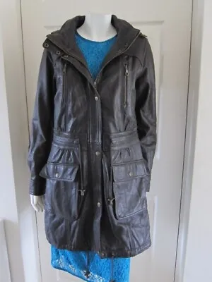 Buy M&S INDIGO - REAL LEATHER LONG Hooded Jacket Coat BROWN Size M • 45£