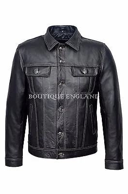 Buy Men TRUCKER Jacket Classic Black 100% REAL Cowhide Leather Classic Style 1280 • 119.74£
