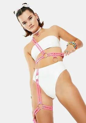 Buy Nwt 💗 White/pink Strappy Patent Leather Set,outfit,clubwear,sexy,swim,bikini  • 17.95£