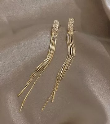 Buy Beautiful Long Gold Metal Rhinestone Tassel Drop Earrings Jewellery Wedding Gift • 4.99£