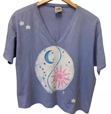 Buy Vintage 90’s Purple Sun  And Moon  Print Crop Cat T-shirt Boho  Calcru Large • 18.49£