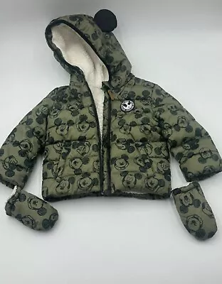 Buy Disney  Age 12-18 Months Puffer Jacket Mickey Mouse Baby Dark Green Hood Winter • 6£