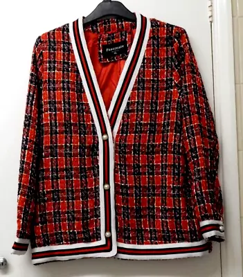 Buy Ladies Red Blue White Tweed Check Jacket With Contrast Trim : Lined: Size 12-14 • 7.99£