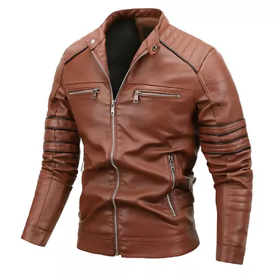 Buy Mens Fashion Motorcycle Biker Leather Jacket Vintage Casual Black Brown+ Coats • 29.98£
