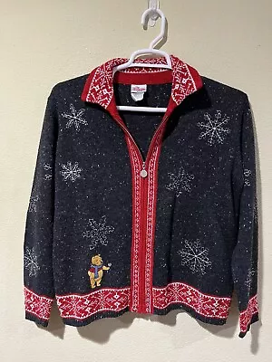 Buy VTG Disney Store Winnie The Pooh Christmas Sweater Zipper Wool Blend Sz L Z3 • 70.94£