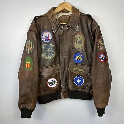 Buy Vintage Leather Jacket, Flight Aviator Military Patches, Brown, Fits Mens Large • 149.95£