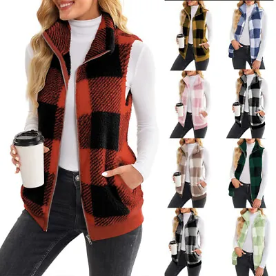 Buy Ladies Pocket Gilet CHECK Zip Up Jacket Coat Fleece Fur Warm Waistcoat Vest 8-24 • 17.82£