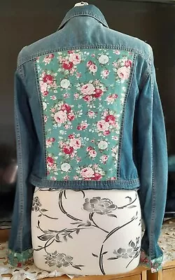 Buy Upcycled Vintage Denim Jacket With Green Floral Hand Stitched Panels 36  Chest • 29.99£
