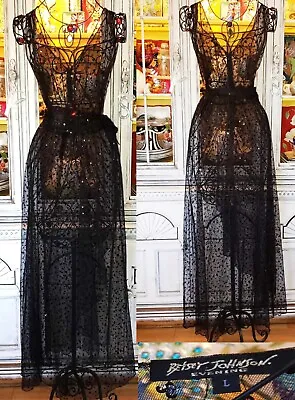 Buy Vintage Betsey Johnson Evening 90s Black Mesh Lace Sequin Long Maxi Slip Dress L • 192.14£
