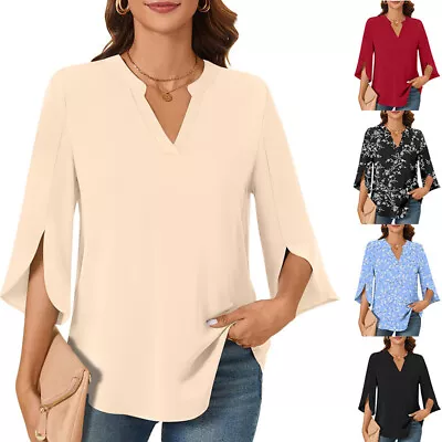 Buy Womens V Neck Loose Blouse Tee Tops Chiffon 3/4 Sleeve Summer T-shirts PLUS SIZE • 7.79£