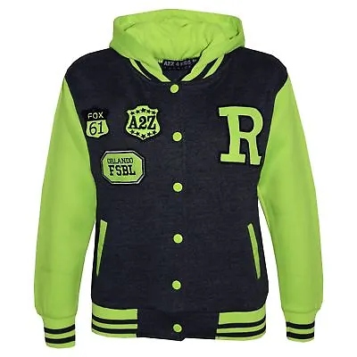 Buy Kids Girls Boys Baseball Hooded Charcoal & Neon Green NYC/FOX Varsity Jacket • 11.99£