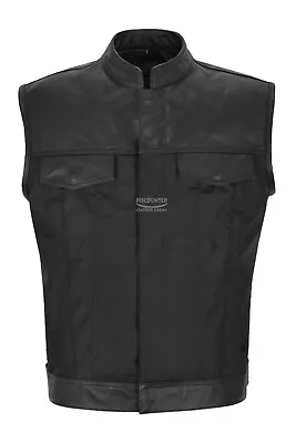 Buy Men SOA Biker Waistcoat Vest Cordura Black Real Leather Collar & Trim Waistcoat  • 25.50£