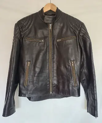Buy Next Leather Biker Jacket Mens Medium Brown Padded Short Collarless Zip Pockets • 54.95£