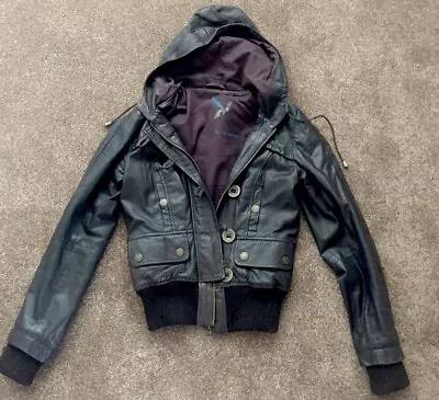 Buy River Island Brown Hooded Real Leather Jacket Size 8 • 45£