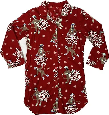 Buy Nick & Nora Sz Medium Sock Monkey Red Long Sleeve Flannel Sleep Shirt Winter • 27.37£