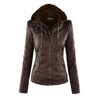 Buy Newbestyle Faux Leather Jacket For Women Hooded Moto Biker Jacket Full-zip Long • 32.80£