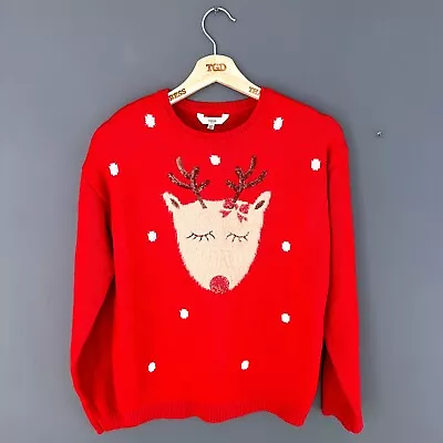Buy Girls Red Christmas Reindeer Jumper Sweater Top Age 13-14 Years • 1.99£