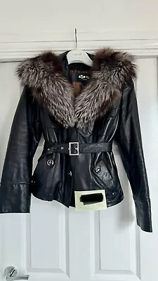 Buy Black Leather Real Fur Jacket Coat Sz 8-10 Uk • 50£