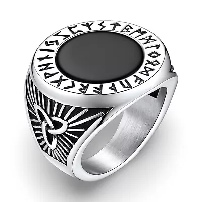 Buy Viking Ring Rune Silver Stainless Steel Agate Ring Celtic Norse Pagan Jewellery • 9.95£