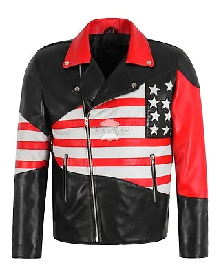 Buy Men's AMERICAN FLAG Motorcycle Real Leather Jacket Cross Zip Biker Style Jacket • 149.99£