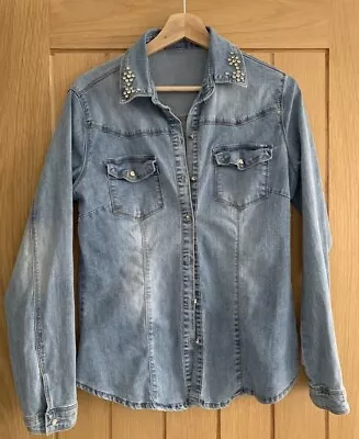 Buy Blue Denim Jacket Shirt Studded Collar Size 10 • 4.99£