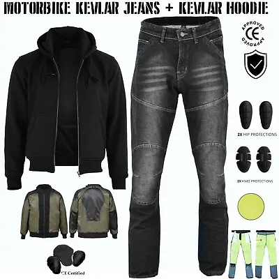 Buy Mens Motorcycle Fleece Hoodie Motorbike Jeans Trouser Jacket CE Removable Armour • 89.99£