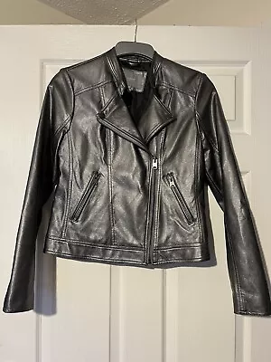 Buy B.YOUNG Ladies Silver Grey Metallic Biker Jacket Faux Leather UK 36 Size 8-10 • 17£