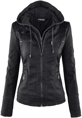 Buy Newbestyle Womens Faux Leather Moto Biker Jacket With Hood Black Xxl • 29.99£
