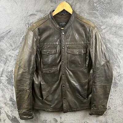 Buy AllSaints Densig Mens Leather Shirt Jacket Biker Moto Rock Brown Large • 179.99£