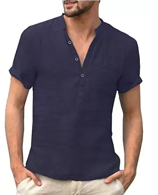Buy KUYIGO Men's Cotton Linen Shirts Button Up Casual Beach Hippie Men T-shirts • 11£