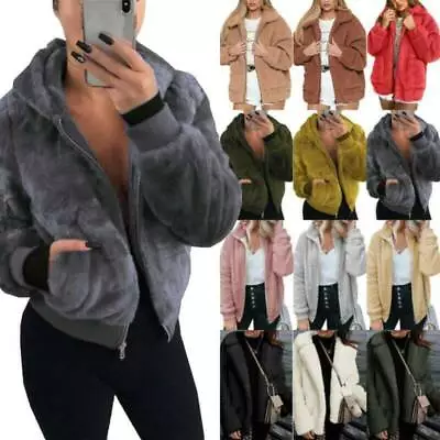 Buy Womens Winter Coat Teddy Bear Fleece Faux Fur Fluffy Jacket Warm Hooded Outwear • 19.79£