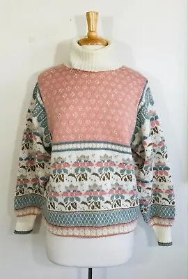 Buy Vintage Grunge 90's Turtleneck Sweater Grandma Colorful Nordic Floral Knit, M • 38.91£