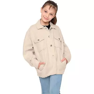 Buy Kids Girls Plain Stone Color Jackets Tunic Fleece Collared Fashion Coat 7-13 Yrs • 5.99£