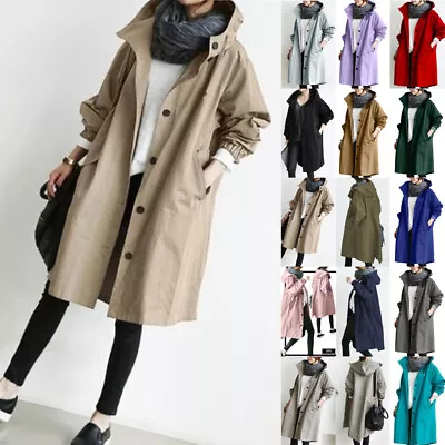 Buy Womens Oversized Hooded Trench Coats Outdoor Pockets Wind Forest Jackets Outwear • 16.79£