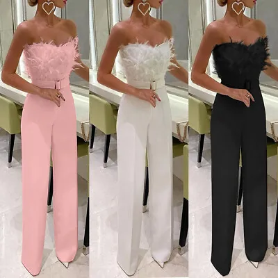 Buy Womens Bandeau Fluffy Feather Romper Trousers Evening Party Jumpsuit Playsuit UK • 9.99£