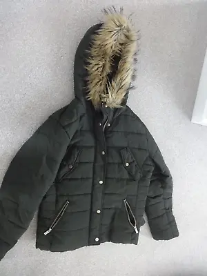 Buy H & M Fur Trim Hooded Jacket Size 14 (42) Karki • 3.99£