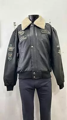 Buy Men's G-1 Flight Black Cowhide Leather Jacket Beige Fur Collar Aviator Jacket • 89.99£