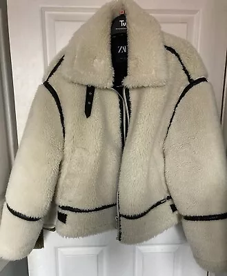 Buy Zara Ladies Cream Teddy Borg Lined Coat/jacket Size M • 29.99£