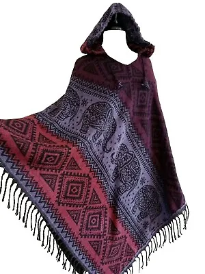 Buy Hooded Poncho Tribal Animal Print Wrap Cape Shawl Hoodie Jacket Purple One Size • 19.99£