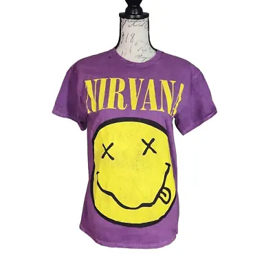 Buy Nirvana Unisex Size Medium Purple Yellow Black Smiley Face Short Sleeve Shirt • 24.93£