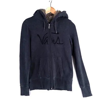 Buy Vans Hoodie Womens XS Dark Blue Fuzzy Lined Zip Up Embroidered Spell Out Pockets • 10.79£
