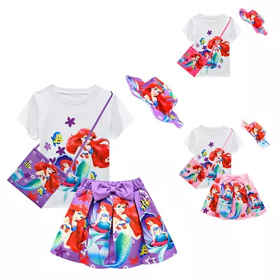Buy Mermaid Ariel Girl's T Shirt  Pleated Skirt Outfit Dress Bag Hat Cosplay Costume • 17.99£