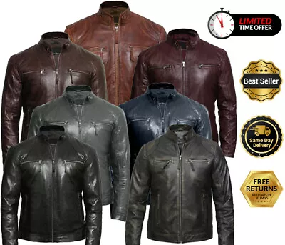 Buy Leather Jacket Mens Genuine Leather Biker Distressed Vintage Slim Fit Jacket • 109.99£