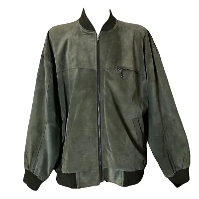 Buy Vintage Men's Genuine Green Leather Suede Bomber Jacket Size 56 Baroque Lining • 24£